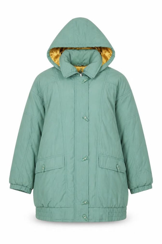 Front view of Nuage women’s green hooded parka coat, size UK 14, lined winter jacket