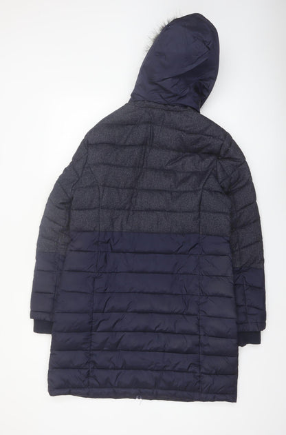 Superdry Womens Blue Long Puffer Coat Size 12 Hooded Faux Fur Winter Jacket