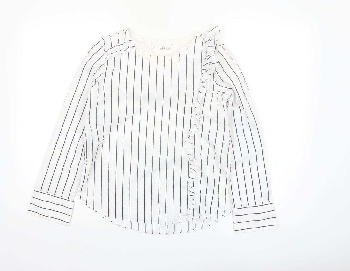 Mango Women’s White Striped Ruffle Long Sleeve Cotton Blouse XS