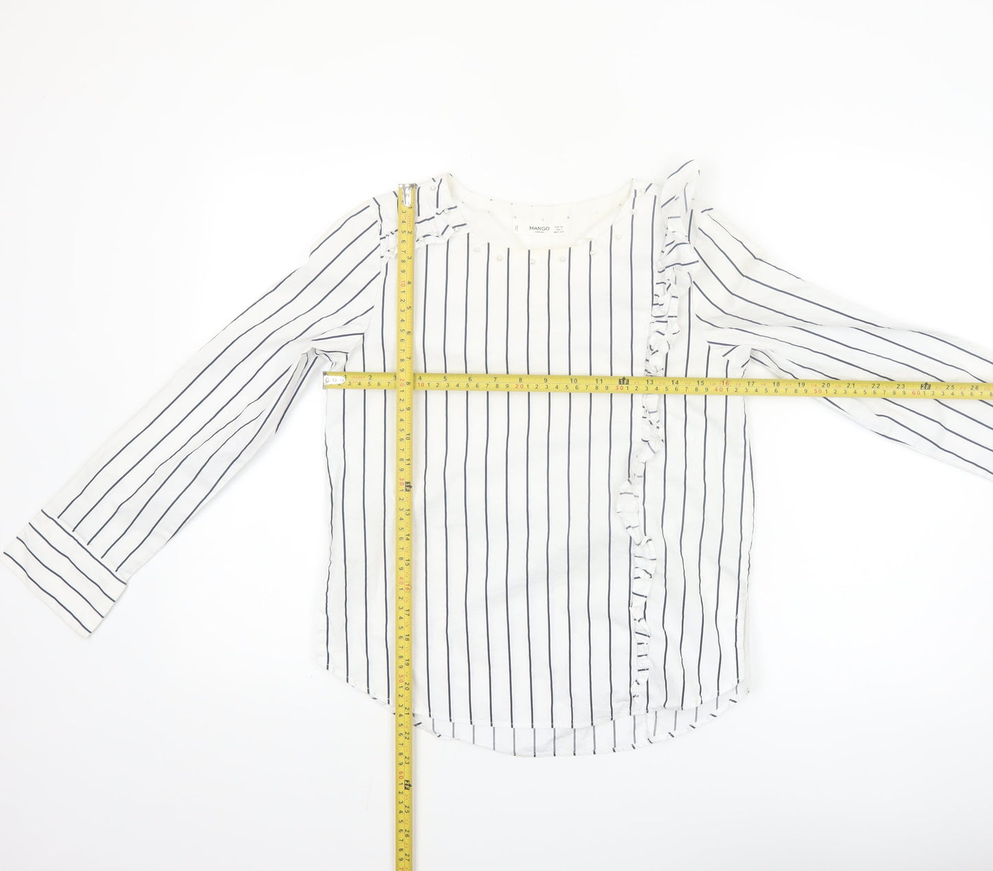 Mango Women’s White Striped Ruffle Long Sleeve Cotton Blouse XS