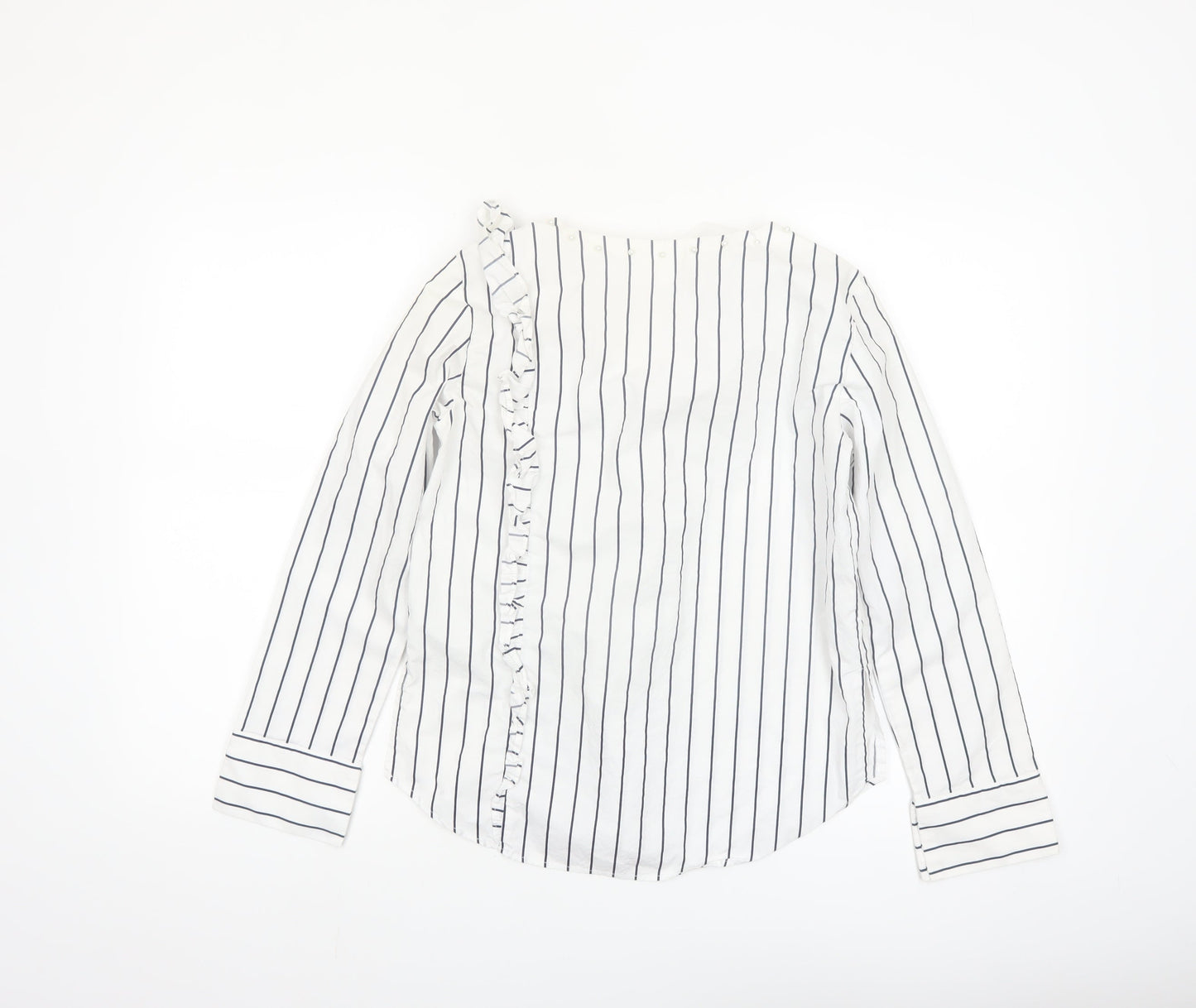 Mango Women’s White Striped Ruffle Long Sleeve Cotton Blouse XS