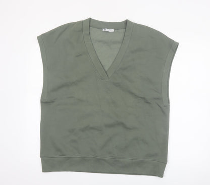 Zara Women Green V-Neck Sleeveless Basic Jersey Top Size 12