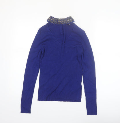 Oasis Women's Blue Beaded Collar V-Neck Slim Fit Jumper Size S