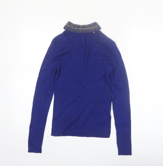 Oasis Women's Blue Beaded Collar V-Neck Slim Fit Jumper Size S