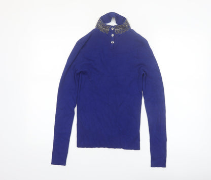 Oasis Women's Blue Beaded Collar V-Neck Slim Fit Jumper Size S