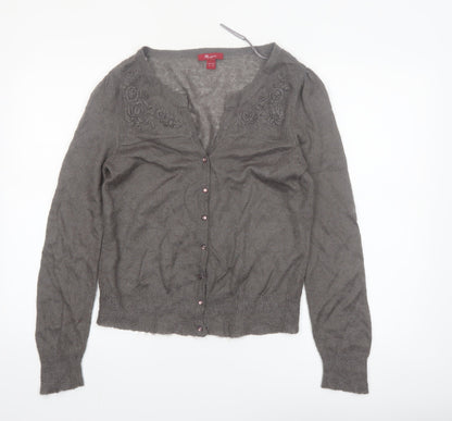 Monsoon Women Grey V-Neck Embroidered Cardigan Size 12