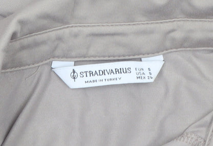 Stradivarius Women Beige Cropped Collared Long Sleeve Blouse Size 8