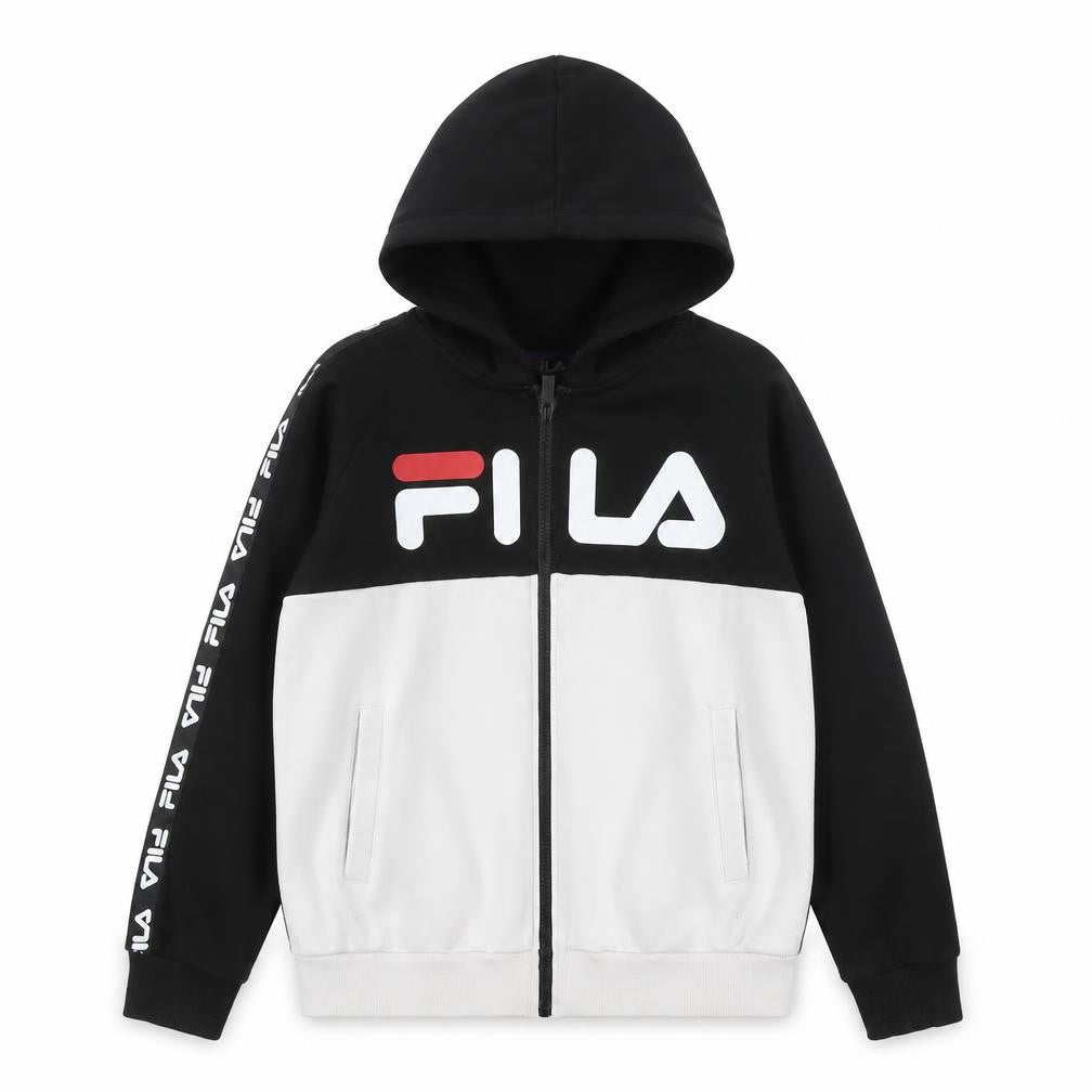 Front view of Fila boys’ black & white full zip hoodie age 12 logo hooded sweatshirt