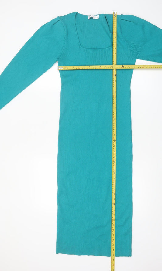 Zara Women Green Knit Bodycon Midi Dress L Long Sleeve