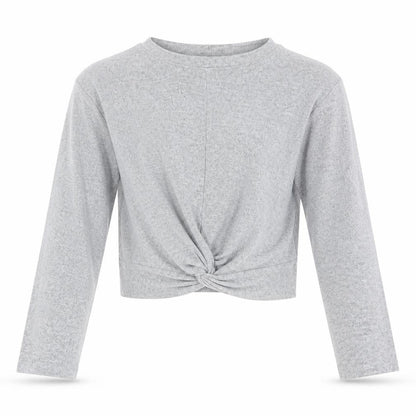 Front view of New Look girls’ grey cropped twist front long sleeve top 14-15 years