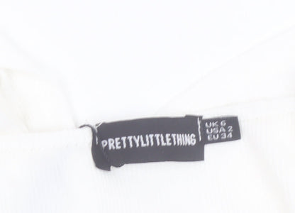 PrettyLittleThing Women’s White Cropped Tie Front Ruffle Strap Top Size 6