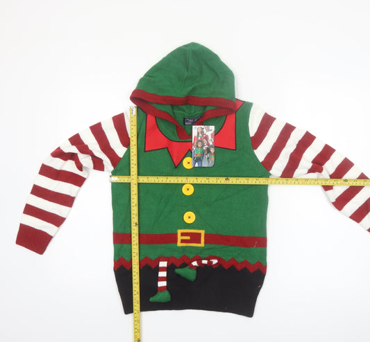 Next Boys Green Elf Hooded Christmas Jumper 10 Years Acrylic Knit