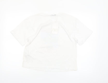 ZARA Women’s White Cotton Cropped Graphic T-Shirt Size 12