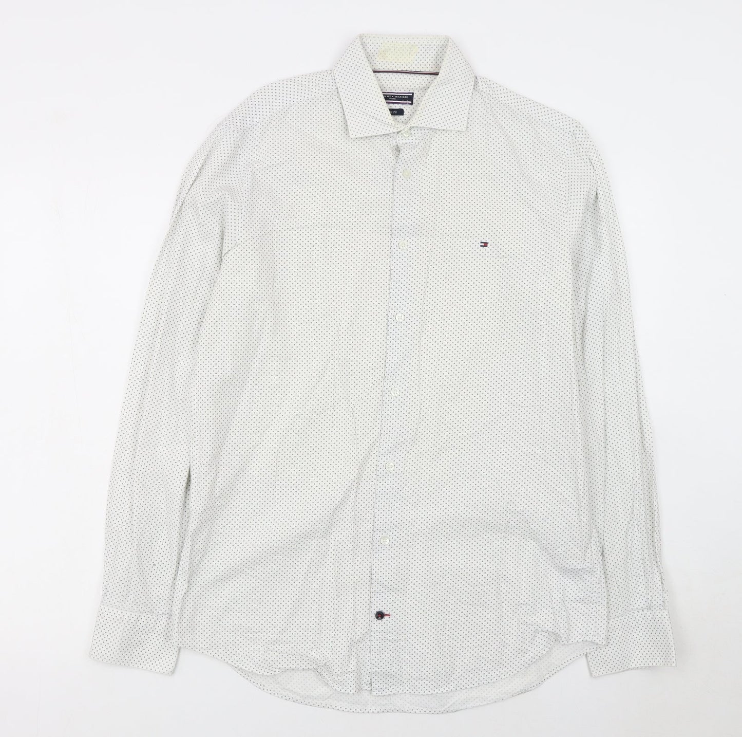 Tommy Hilfiger Men's White Slim Fit Polka Dot Long Sleeve Shirt 15.5