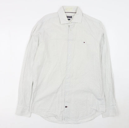 Tommy Hilfiger Men's White Slim Fit Polka Dot Long Sleeve Shirt 15.5