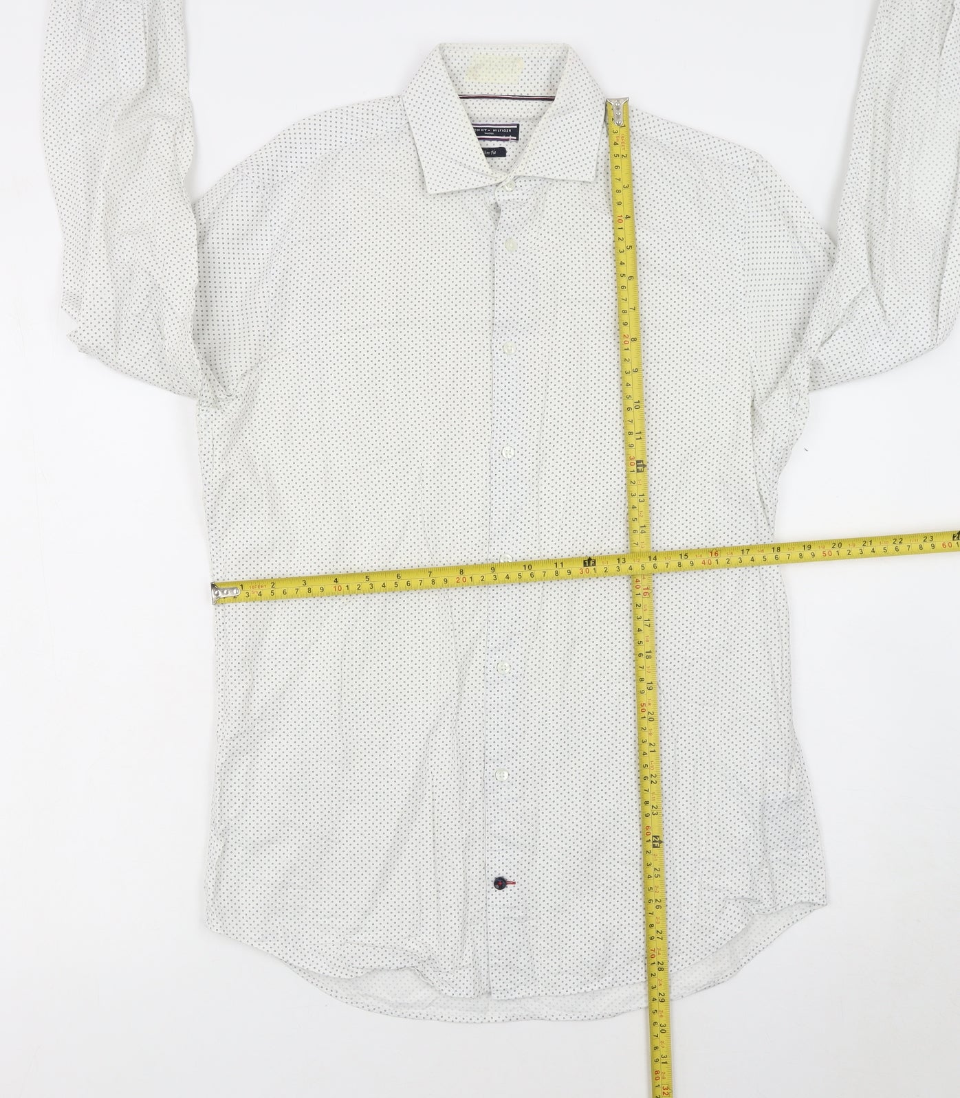 Tommy Hilfiger Men's White Slim Fit Polka Dot Long Sleeve Shirt 15.5