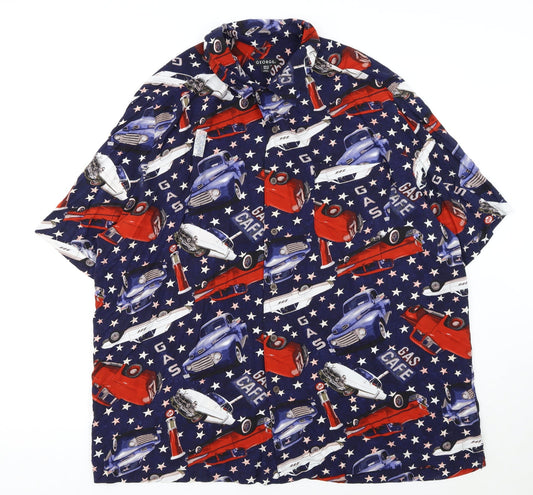 George Men's Blue Retro Car Print Short Sleeve Button-Up Shirt 2XL