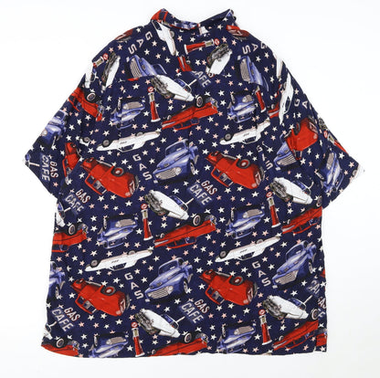 George Men's Blue Retro Car Print Short Sleeve Button-Up Shirt 2XL