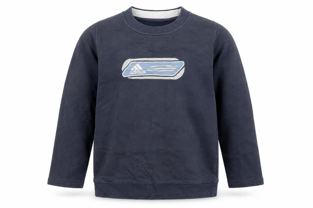 Front view of Adidas boys’ navy blue crew neck sweatshirt, size 12-13, years casual