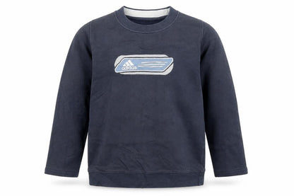 Front view of Adidas boys’ navy blue crew neck sweatshirt, size 12-13, years casual