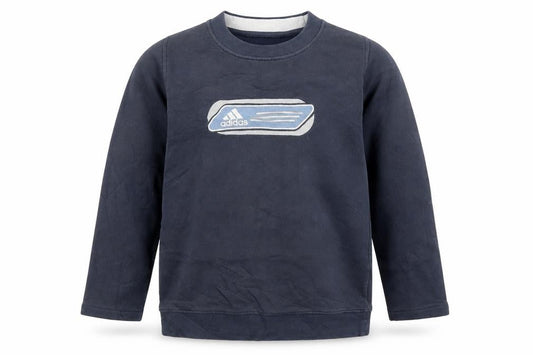 Front view of Adidas boys’ navy blue crew neck sweatshirt, size 12-13, years casual