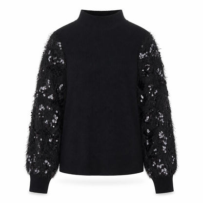 Quiz Women Black Sequin Sleeve Mock Neck Pullover Jumper M
