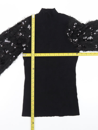 Quiz Women Black Sequin Sleeve Mock Neck Pullover Jumper M