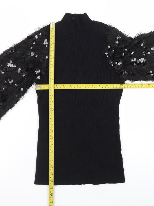 Quiz Women Black Sequin Sleeve Mock Neck Pullover Jumper M