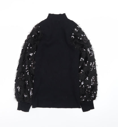 Quiz Women Black Sequin Sleeve Mock Neck Pullover Jumper M