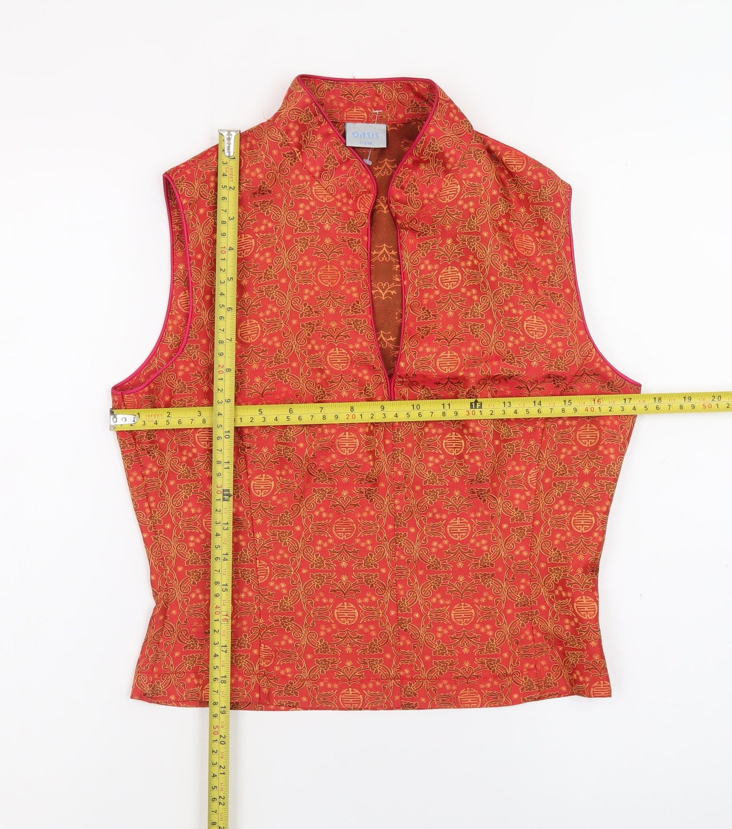Oasis Women's Red Sleeveless Oriental Blouse Size 12 Classic