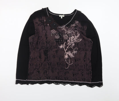 GOLD Womens Black Embroidered Floral Tunic Top Size 16 Viscose Blend