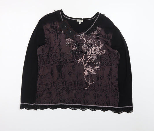GOLD Womens Black Embroidered Floral Tunic Top Size 16 Viscose Blend