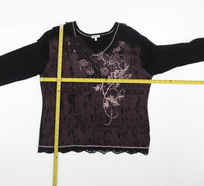 GOLD Womens Black Embroidered Floral Tunic Top Size 16 Viscose Blend