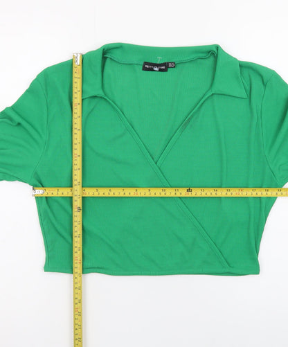 PrettyLittleThing Women’s Green Cropped Long Sleeve V-Neck Blouse Size 22