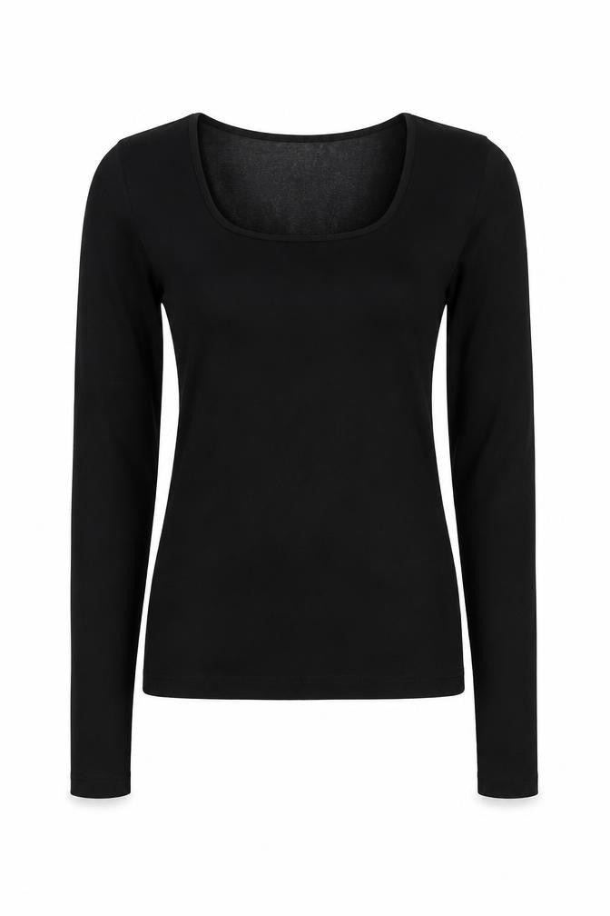 Mango Women's Black Long Sleeve Square Neck Stretch Top L