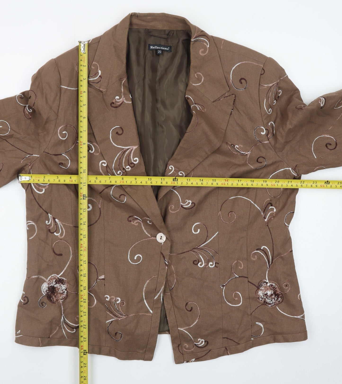 Reflections Women Brown Floral Embroidered Blazer Jacket Size 20