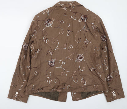 Reflections Women Brown Floral Embroidered Blazer Jacket Size 20