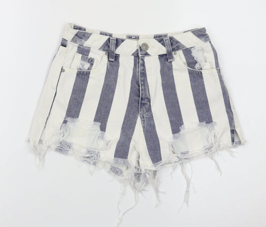 Topshop Women White Blue Stripe Mom Denim Shorts Size 8 Distressed