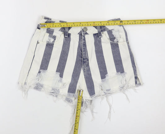 Topshop Women White Blue Stripe Mom Denim Shorts Size 8 Distressed