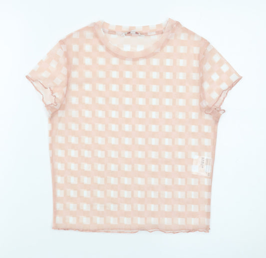 Clockhouse Women Pink Check Mesh Short Sleeve Cropped T-Shirt M