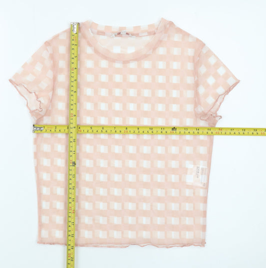 Clockhouse Women Pink Check Mesh Short Sleeve Cropped T-Shirt M