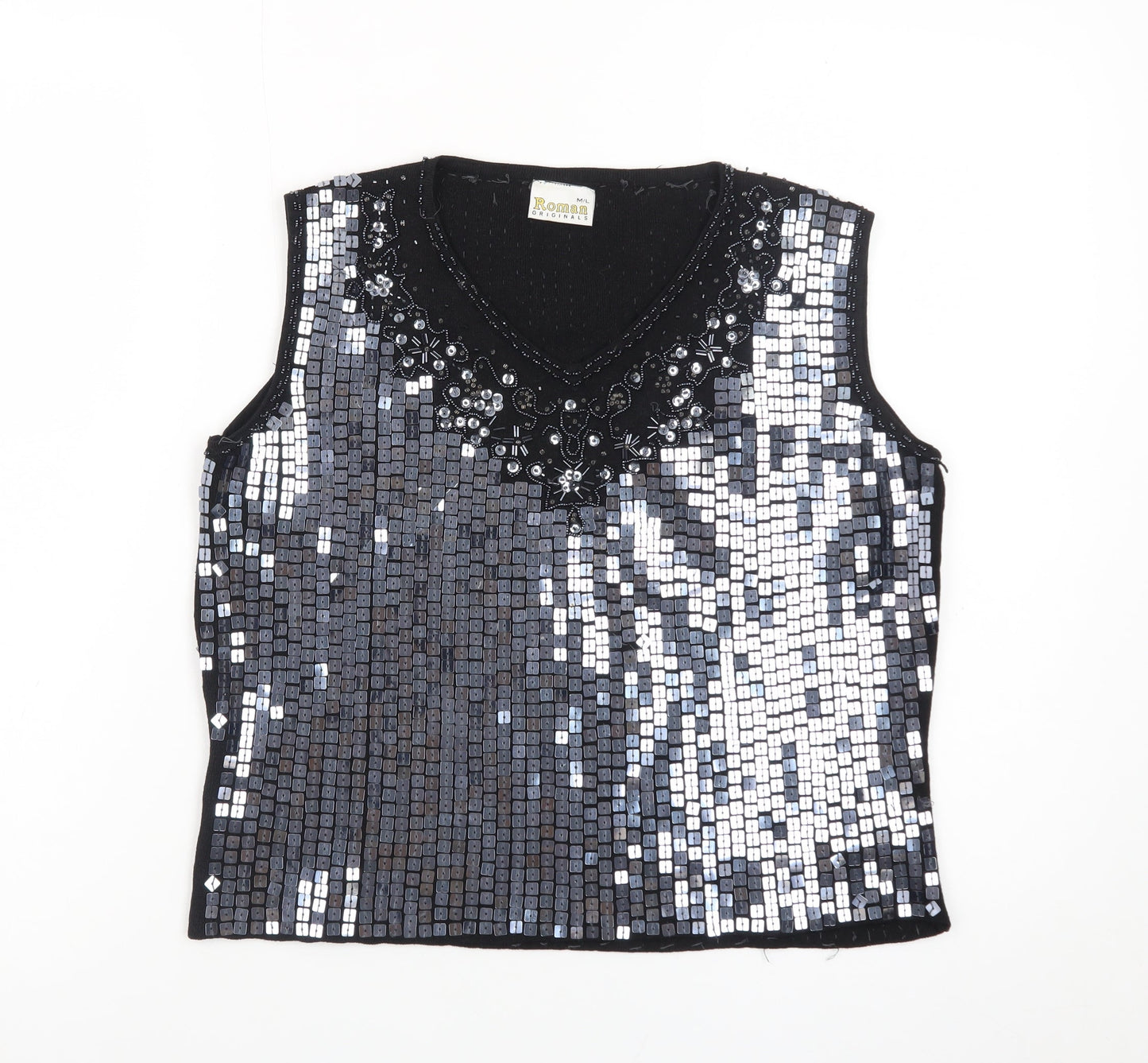Roman Originals Women's Black Sequin Beaded V-Neck Sleeveless Top L