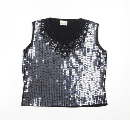 Roman Originals Women's Black Sequin Beaded V-Neck Sleeveless Top L
