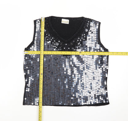 Roman Originals Women's Black Sequin Beaded V-Neck Sleeveless Top L