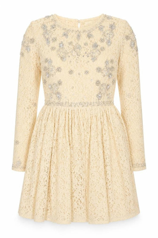 Front view of ASOS Women Beige Lace Fit & Flare Sequin Dress, size 8