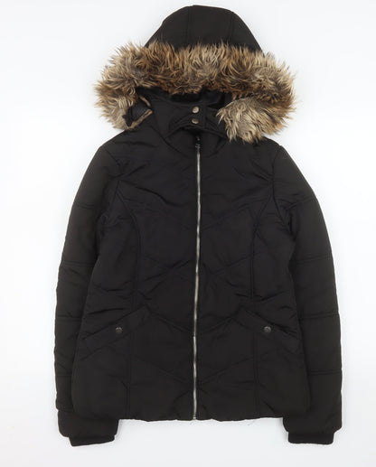 915 Girls Black Hooded Quilted Puffer Jacket Age 12-13 Years with Faux Fur Trim