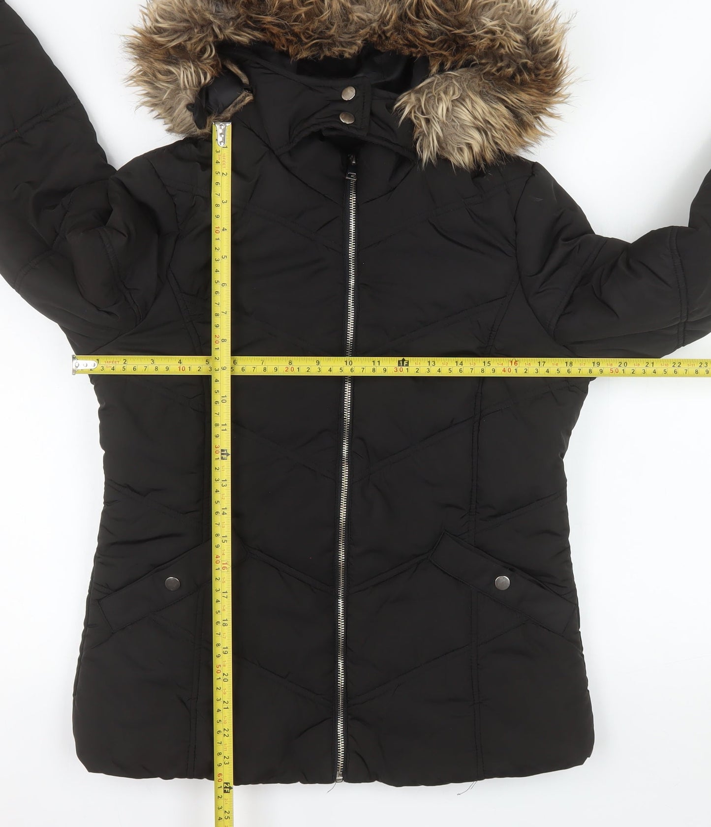 915 Girls Black Hooded Quilted Puffer Jacket Age 12-13 Years with Faux Fur Trim