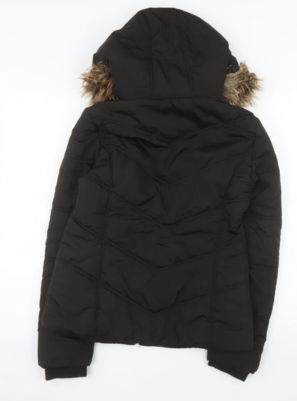 915 Girls Black Hooded Quilted Puffer Jacket Age 12-13 Years with Faux Fur Trim