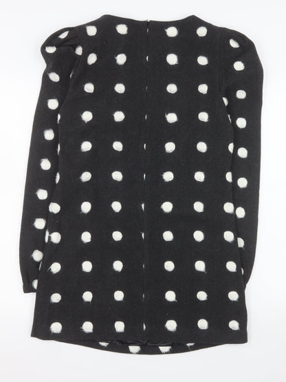 A-OK Women Black Polka Dot Wool Shift Dress S Long Sleeve