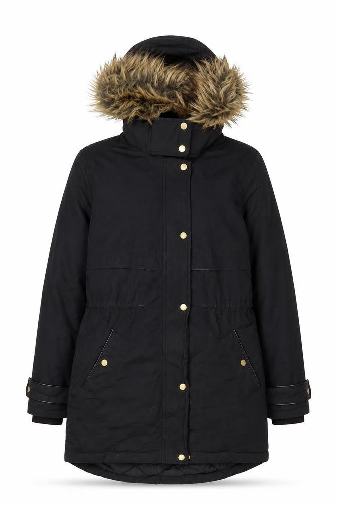 Oasis Women’s Black Fur Trim Parka Coat XS Long Hooded Winter Warm